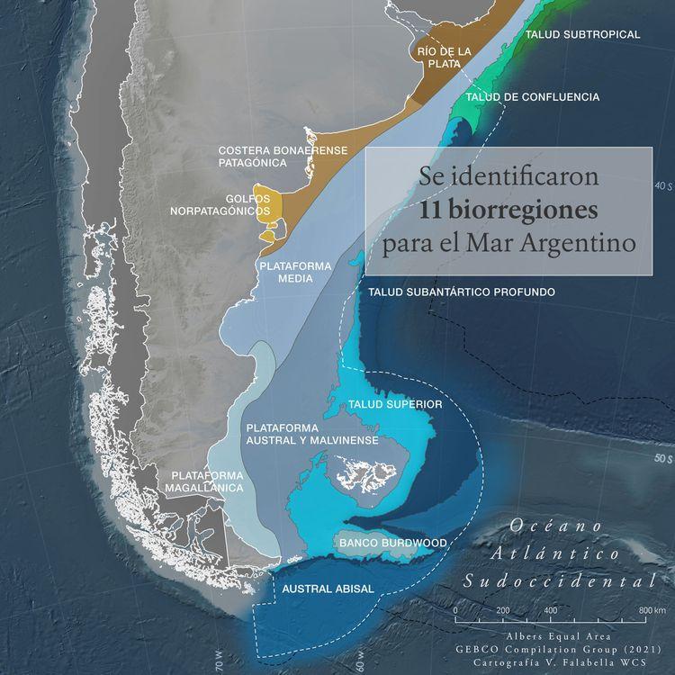Mapa de Biorregiones elaborado por especialistas convocados por la WCS y el Foro para la Conservación del Mar Patagónico