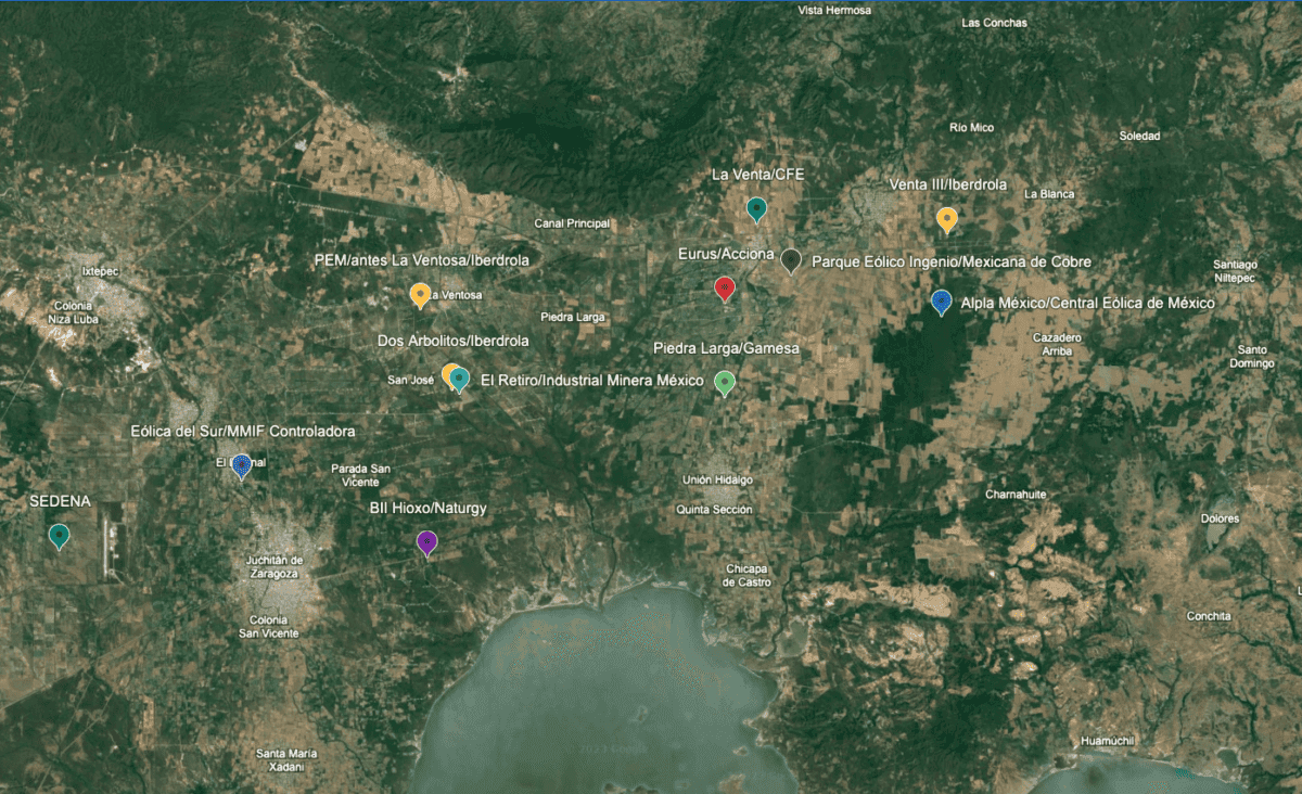 Google Earth with the location of some of the main wind farms between Juchitán and Unión Hidalgo.